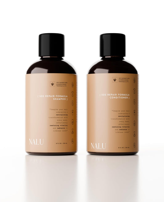 NALU SOS Repair Formula Shampoo and Conditioner Set - Effective Organic Strengthening and Restorative Care for Very Damaged Hair. 8 Fl Oz Each.