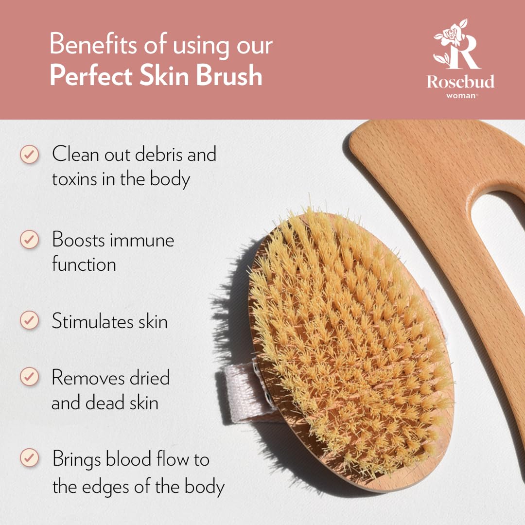 Rosebud Woman Body Brush for Dry Brushing & Lymphatic Drainage - Sustainable Beechwood Handle with Vegan Sisal Bristles - Exfoliating Skincare Tool