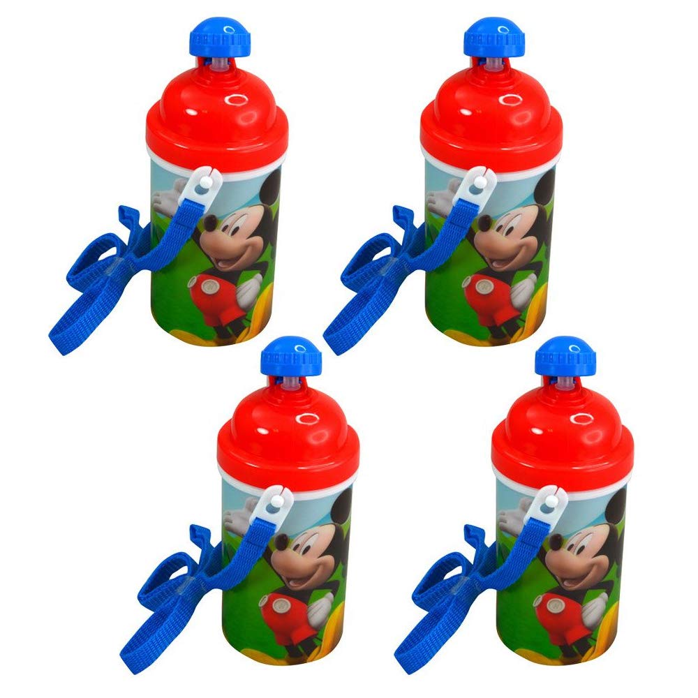 Zak Designs [4-Pack] Disney Mickey Mouse Kids 12oz Pop-up Lid Canteen Water Bottles with Carrying Strap