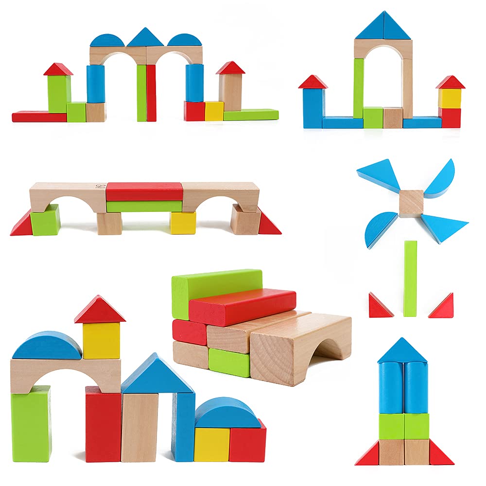 Hape Maple Wood Kids Building Blocks – 50pc Brightly Colored Stacking ...