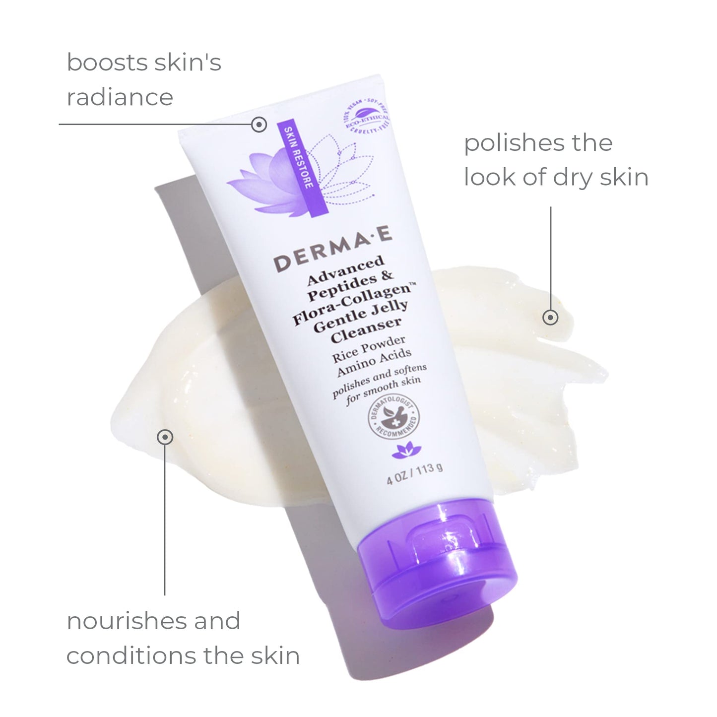 Derma E Advanced Peptides and Vegan Flora-Collagen Gentle Jelly Cleanser - Cleansing Face Wash Brightens, Hydrates and Reduces Appearance of Facial
