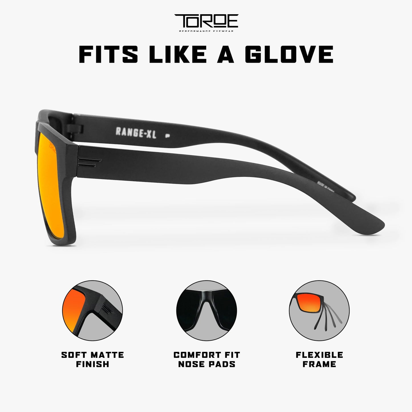 TOROE Eyewear Matte Black RANGE XL Frame Sunglasses Light Weight TR90 Frame, Polarized Polycarbonate Lens (Matte Black | Black Emblem, Fire Red (C3))