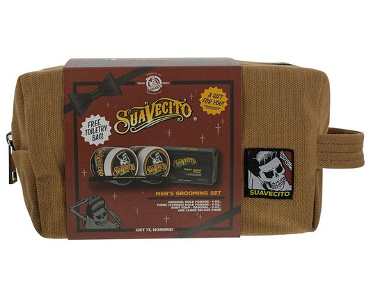 Suavecito Men's Hair Grooming Set OG & Firme (Strong) Hold Pomade, Body Soap, Large Deluxe Comb & Sand Canvas Bag