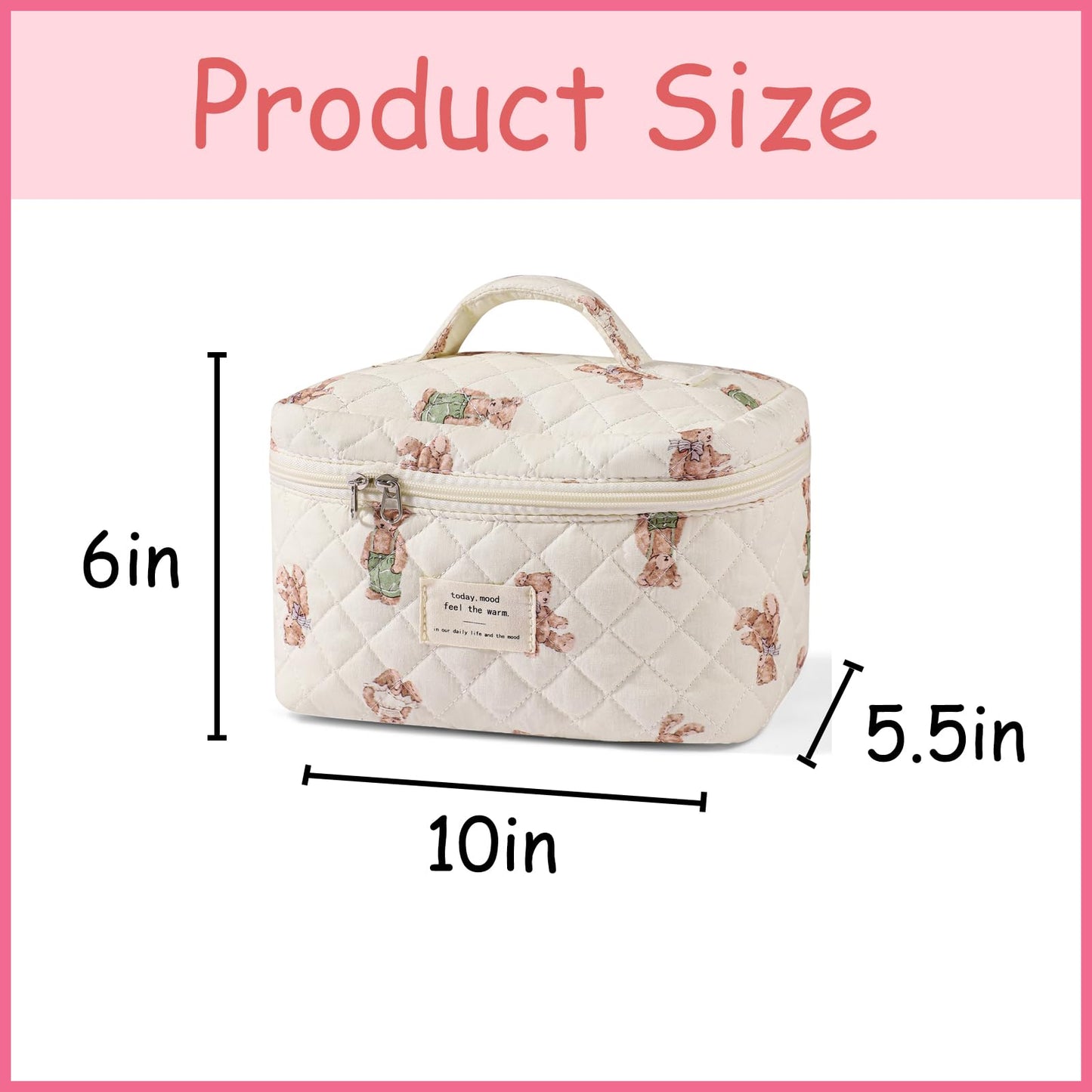uekeboag Large Travel Quilted Makeup Bag for Women, Floral Cotton Cosmetic Bag, Coquette Aesthetic Floral Toiletry Organizer Bag (03White-Bear) Beauty and Personal Care uekeboag