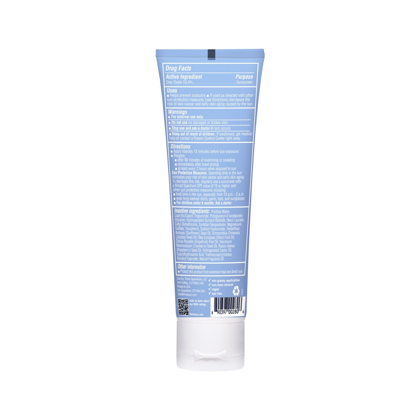 Thinksport SPF 50+ Mineral Sunscreen with Zinc Oxide, 3 Fl Oz - Safe, Natural Sunscreen Lotion for Sports & Active Use, Water Resistant Reef Safe