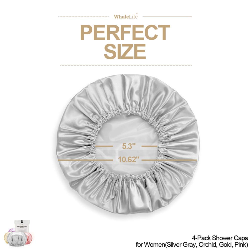 Shower Cap for Women Reusable Extra Large Shower Caps for Men Satin Double Layer EVA Waterproof Long Hair Caps(Silver Gray, Orchid, Gold, Pink 4 Pack)