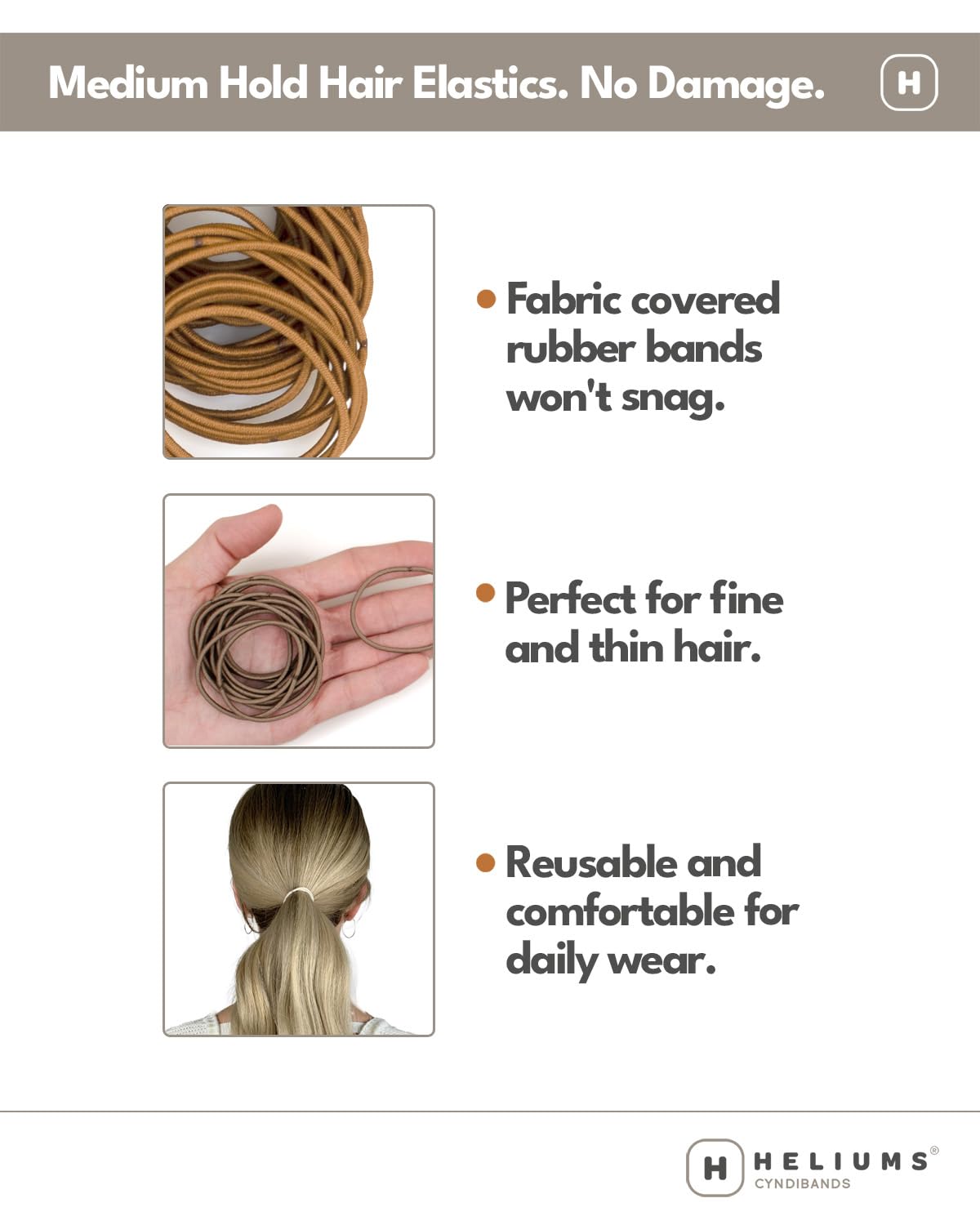 Heliums Thin Hair Elastics - Beige Blonde - 2mm Hair Ties for Thin Hair, 1.75 Inch, Medium Hold No Damage Ponytail Holders - 40 Count