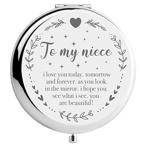 YSUNM Ming Heng Niece Gift Silver Travel Compact Makeup Mirror, Graduation & Birthday Gift Ideas