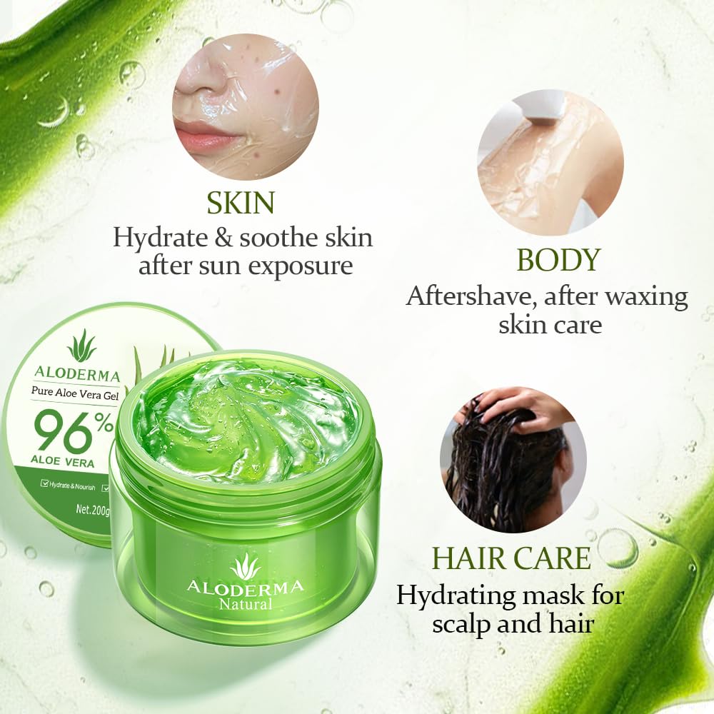 Aloderma Aloe Vera Gel Made within 12 Hours of Harvest with 96% Pure Organic Aloe Vera for Skin, Scalp, & Hair, Soothing Aloe Face Moisturizer Beauty and Personal Care Aloderma