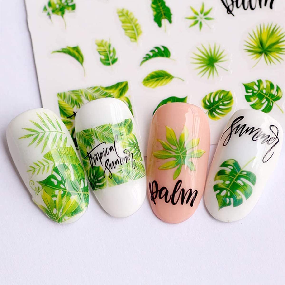 12 Sheets Summer Leaf Nail Art Stickers 3D Self-Adhesive Nail Decals Nail Art Supplies Palm Leaves Clover Nail Design for Women Manicure Nail