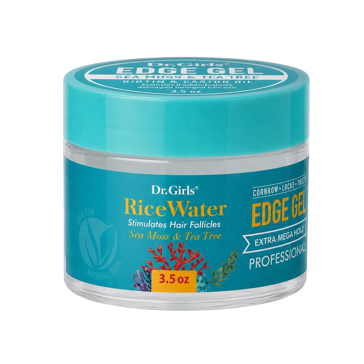 Dr. Girls Rice Water Edge Gel - Extra Mega Hold for Cornrows, Locs & Twists with Biotin, Castor Oil 3.5oz (Sea Moss+ Tea Tree)