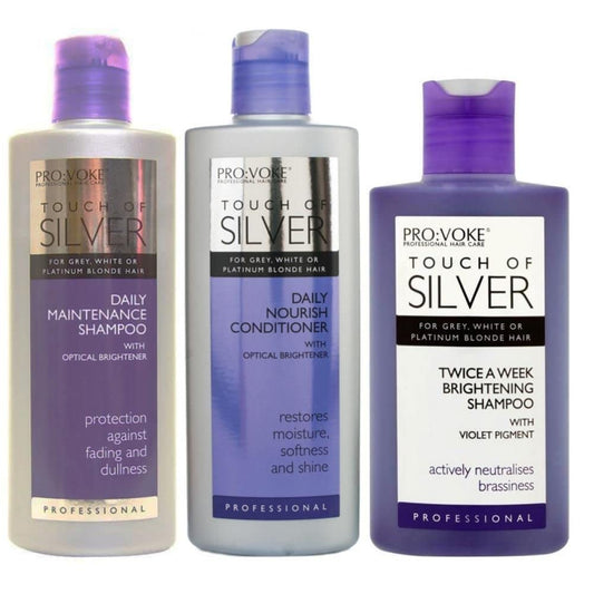 Pro:Voke Set Of 3 - Touch Of Silver - Silver Daily Maintenance Shampoo 200Ml, Daily Nourish Conditioner 200Ml & Twice A Week Brightening Shampoo 150Ml