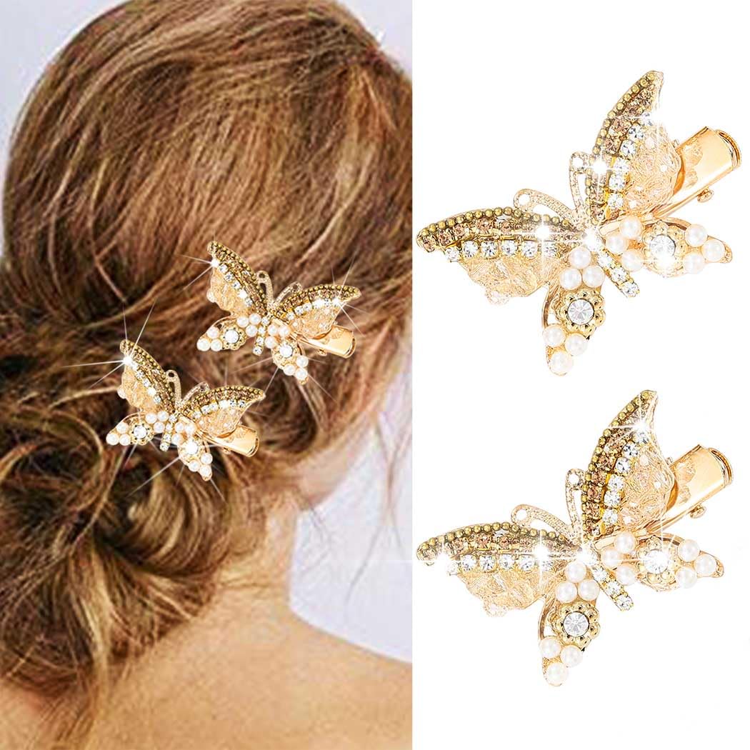 BARTOSI Butterfly Hair Clips Gold Rhinestone Hair Clip Small Fancy Butterfly Hair Accessories for Women and Girls (Pack of 2)