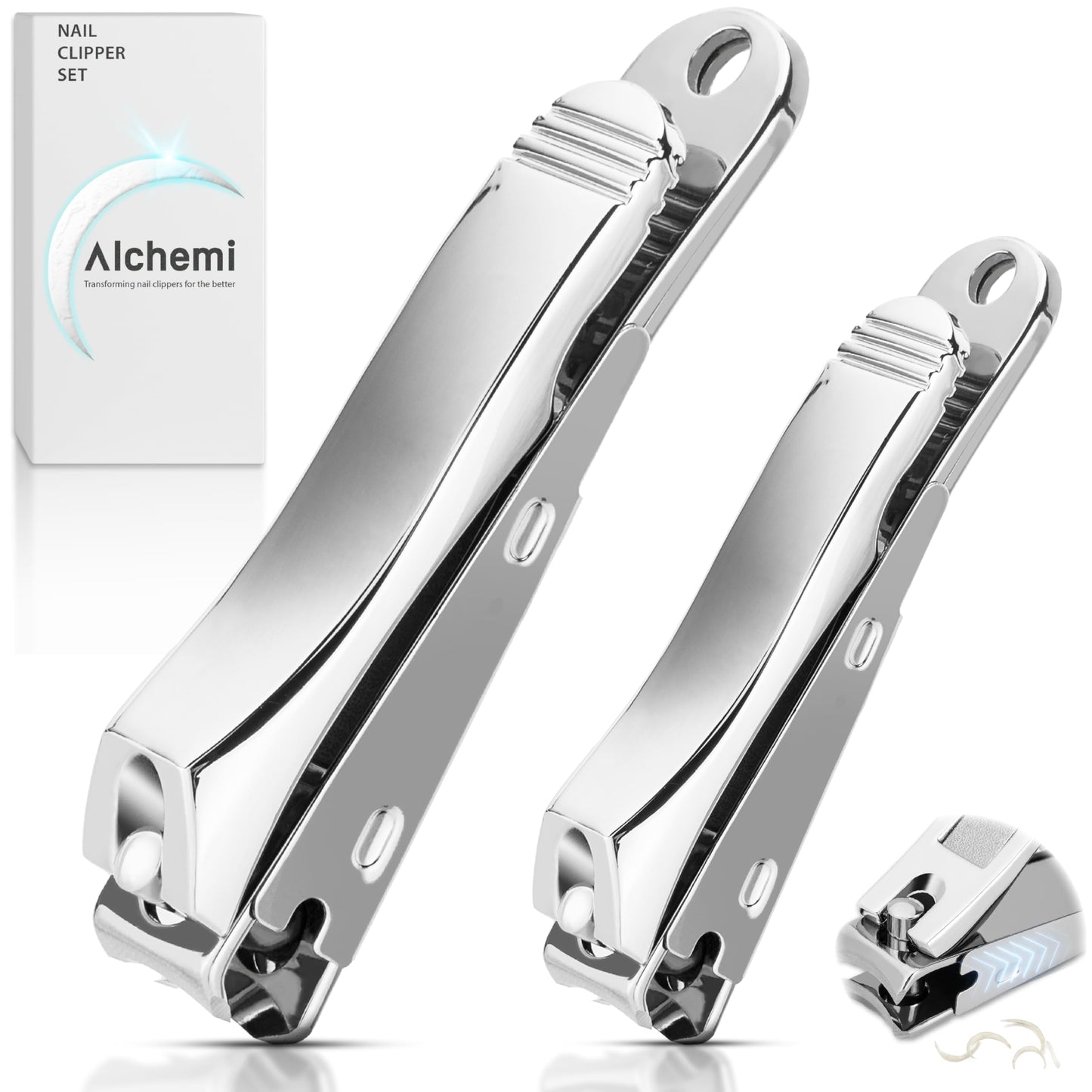 Alchemi Curved Blade Nail Clippers with Catcher, Surgical Sharp Fingernail & Toenail Clippers for Men Thick Nails, Heavy Duty No Splash Nail Cutters