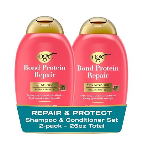 OGX Repair + Protect Bond Protein Repair Shampoo and Conditioner Set, targets damaged areas for bond protection, sulfate-free, hydrating care