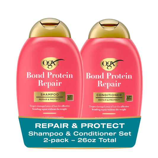 OGX Repair + Protect Bond Protein Repair Shampoo and Conditioner Set, targets damaged areas for bond protection, sulfate-free, hydrating care