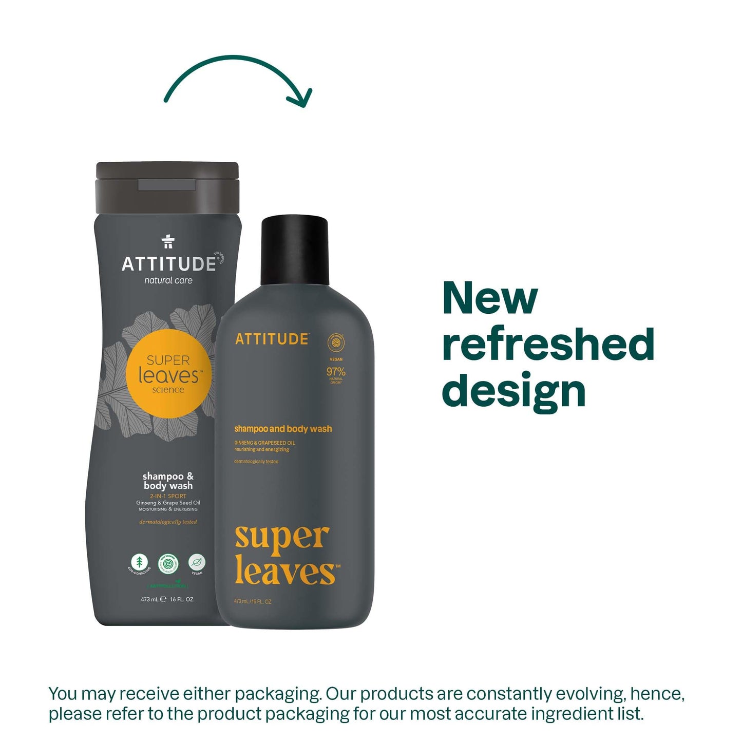 ATTITUDE 2-in-1 Body Wash & Shampoo for Men & Women, EWG Verified, Vegan, Natural Ingredients, Dermatologist-Tested, Ginseng and Grapeseed Oil, 16 Fl