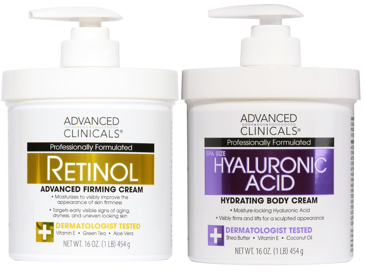Advanced Clinicals Retinol Body Cream + Hyaluronic Acid Moisturizer 2pc Skincare Set | Face Cream & Body Lotion For Women & Men Helps Improve