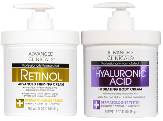 Advanced Clinicals Retinol Body Cream + Hyaluronic Acid Moisturizer 2pc Skincare Set | Face Cream & Body Lotion For Women & Men Helps Improve