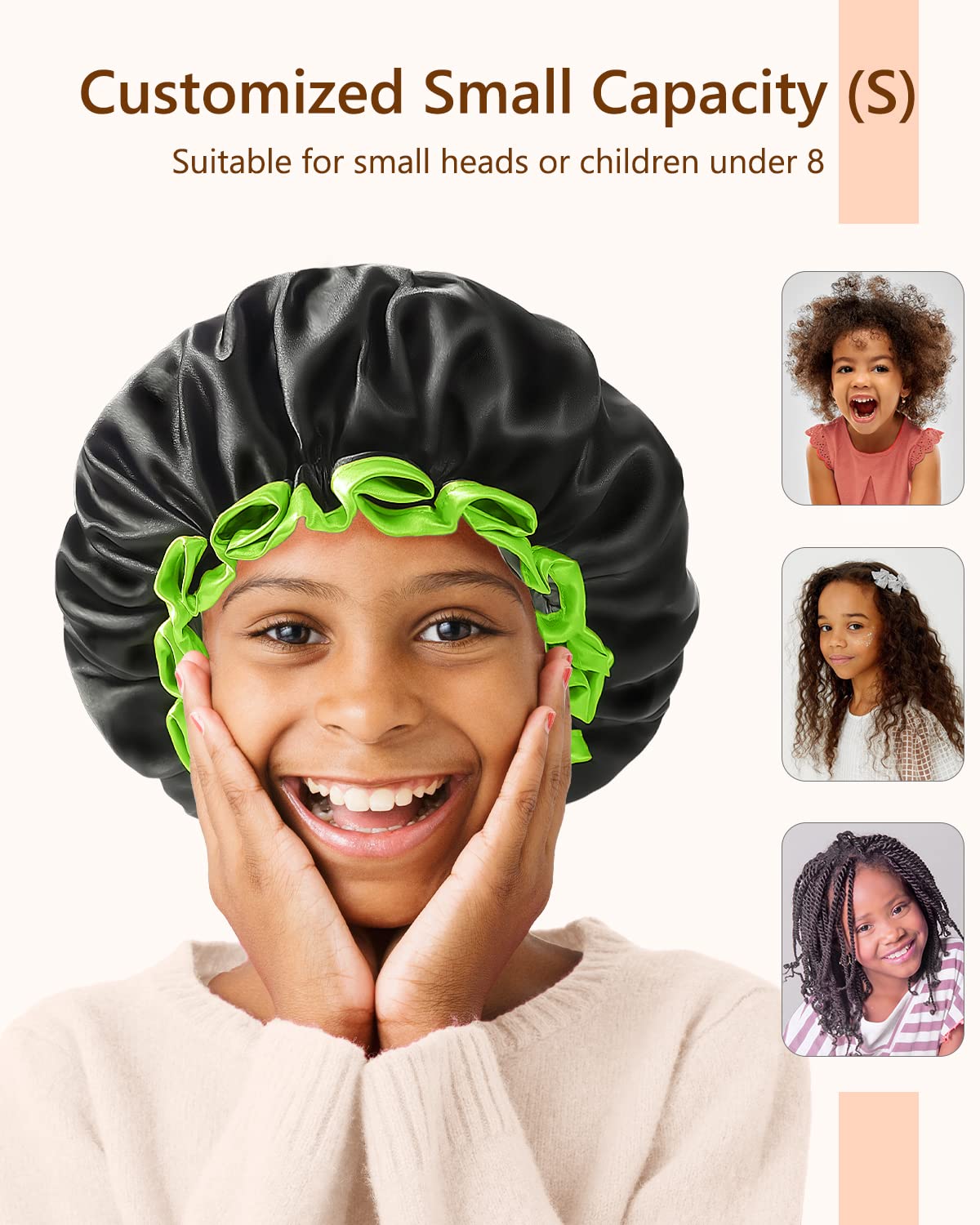 mikimini Black Shower Caps for Small Child 2 Packs, Double Layers Waterproof Bathing Hair Cap with Reusable Soft Comfortable PEVA Lining, Cute