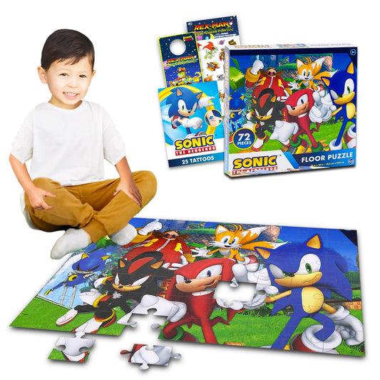 Sonic the Hedgehog Floor Puzzle Set – 72-Piece Jigsaw with Stickers, Tattoos & More, Educational Fun for Kids Ages 4–8