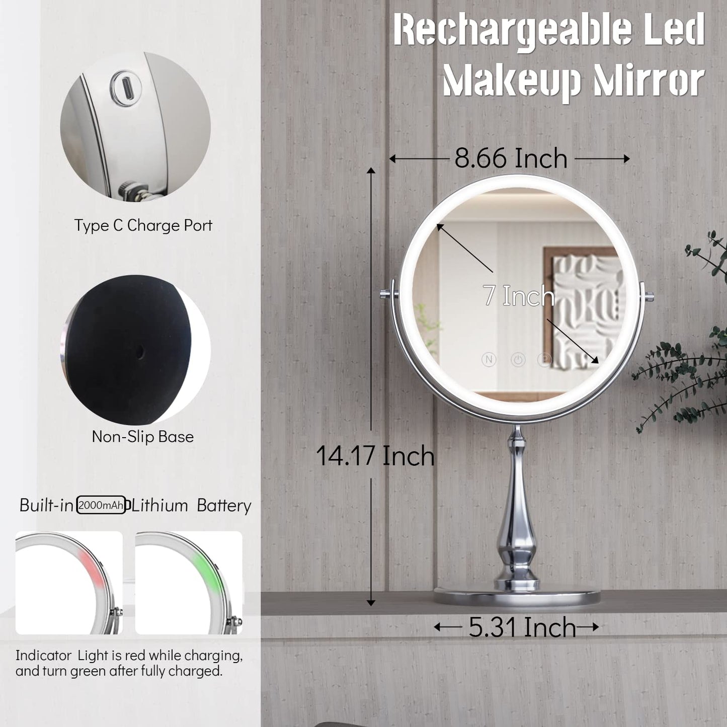 WIZCHARK 9" Large Lighted Makeup Mirror, 1X/10X Magnifying Vanity Mirror with 3 Colors Dimmable Lightning, 80 LED Lights, 360°Rotation Double Sided