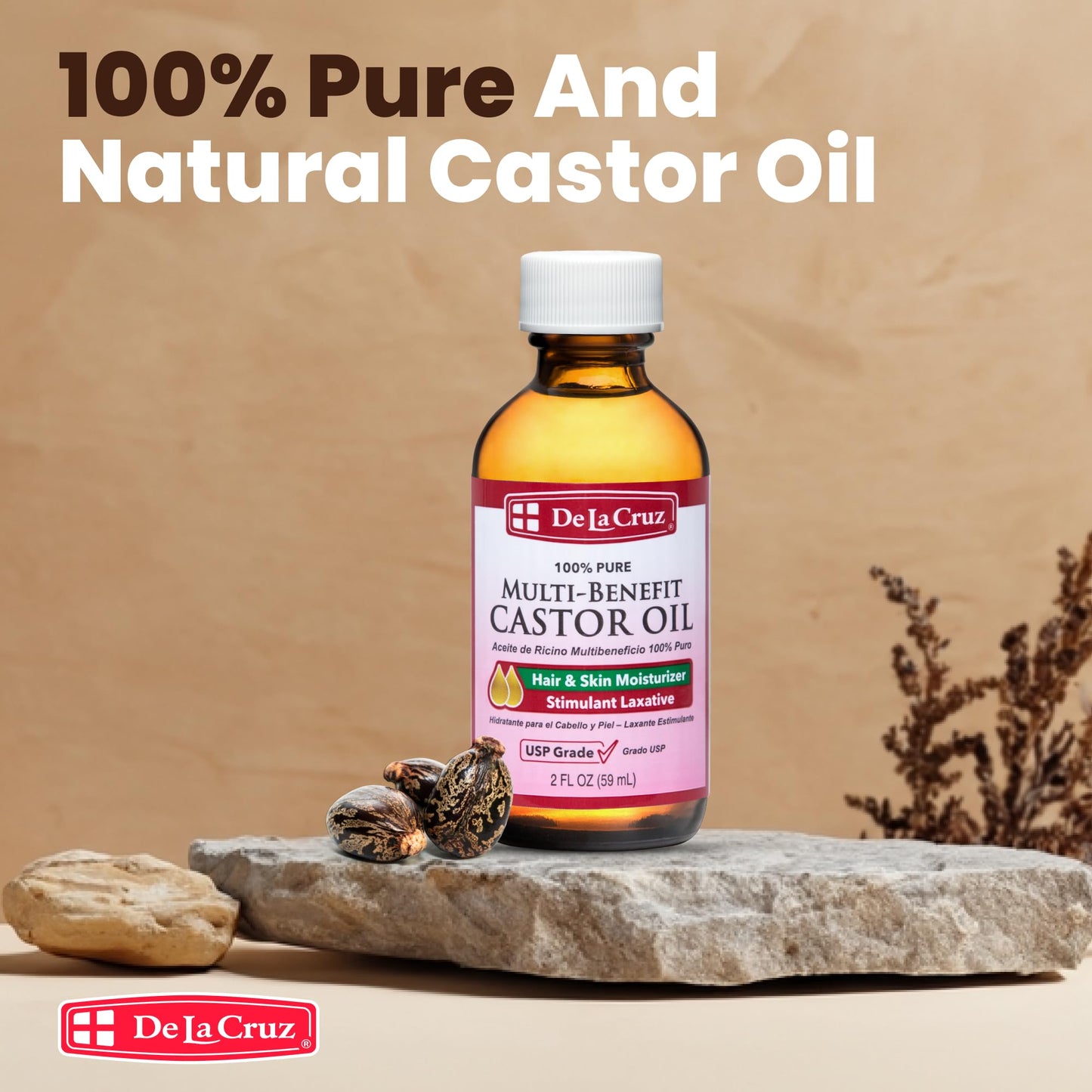 De La Cruz Castor Oil - 100% Pure Castor Oil for Hair, Skin, Eyelashes, and Eyebrows - USP Grade, 2 FL Oz (3 Bottles)