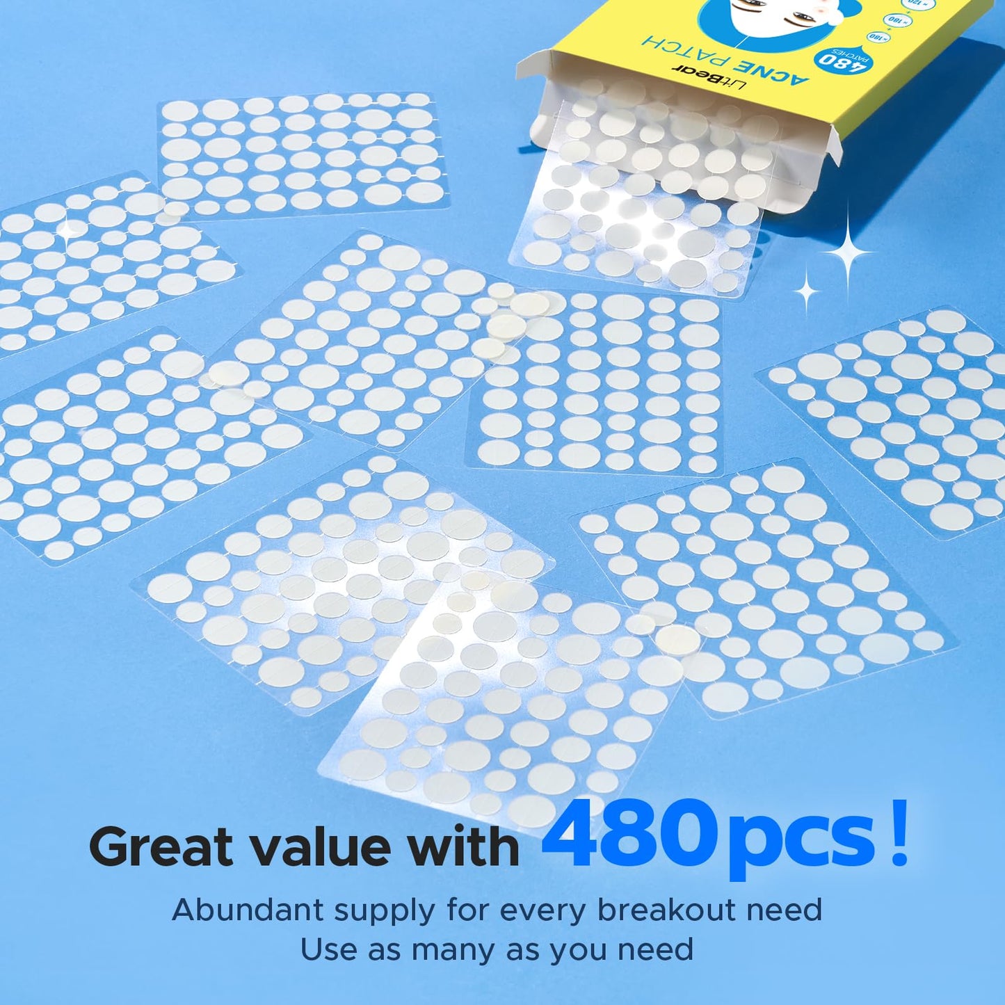 LitBear Pimple Patch Bulk, 480 Patches 3 Size Acne Patches for Face, Hydrocolloid Spot Stickers for Covering Zits, Blemishes, and Breakouts, Suitable Beauty and Personal Care LitBear