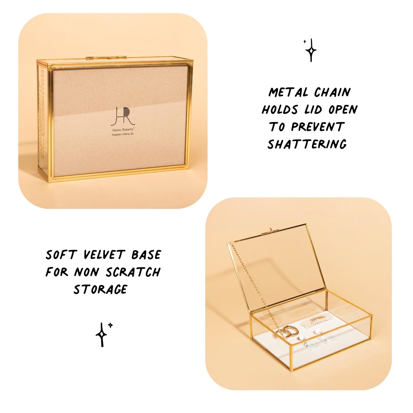 Glass Gold Metal with Chain and Velvet Bottom Jewelry Organizer Box | Card box for Weddings, Events, Baby Showers, and Birthdays