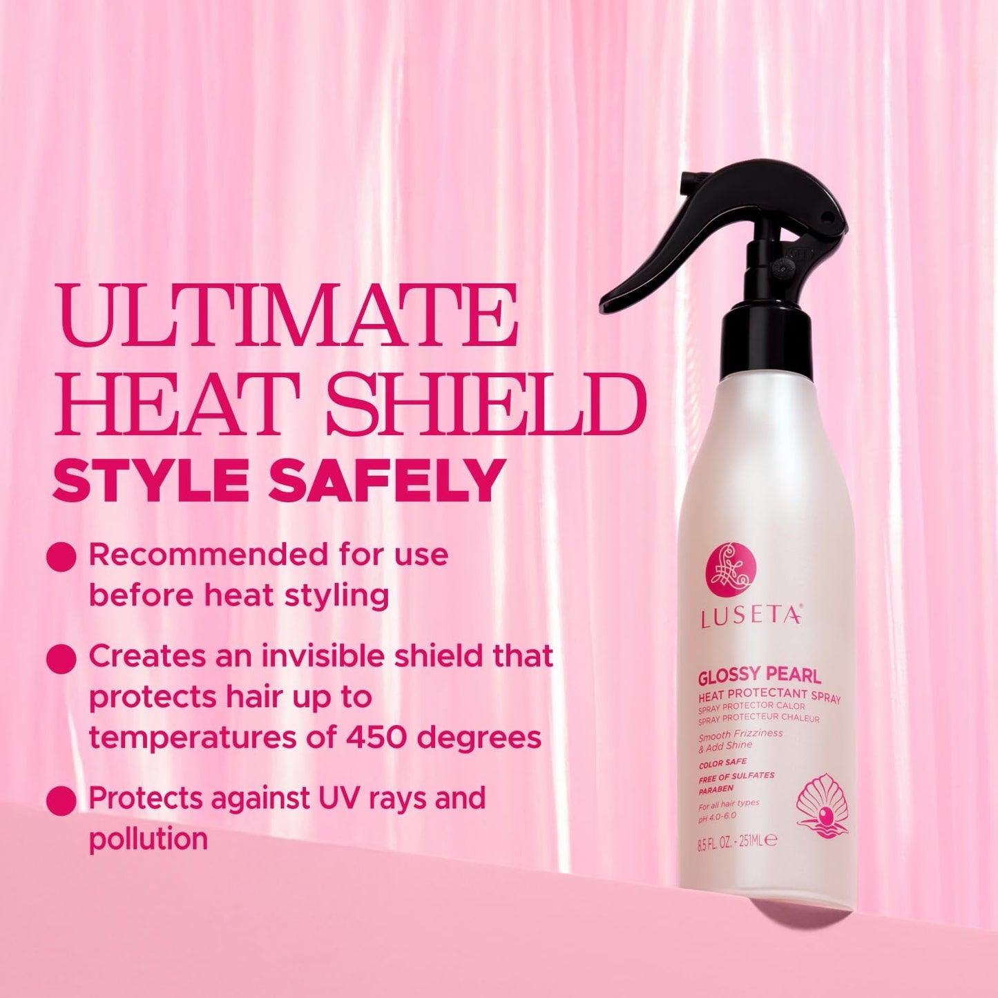Luseta Glossy Pearl Heat Protectant Spray Smoothing Thermal Protection Treatment Enhance Shine and Add Strength for All Hair Types Protect Hair from
