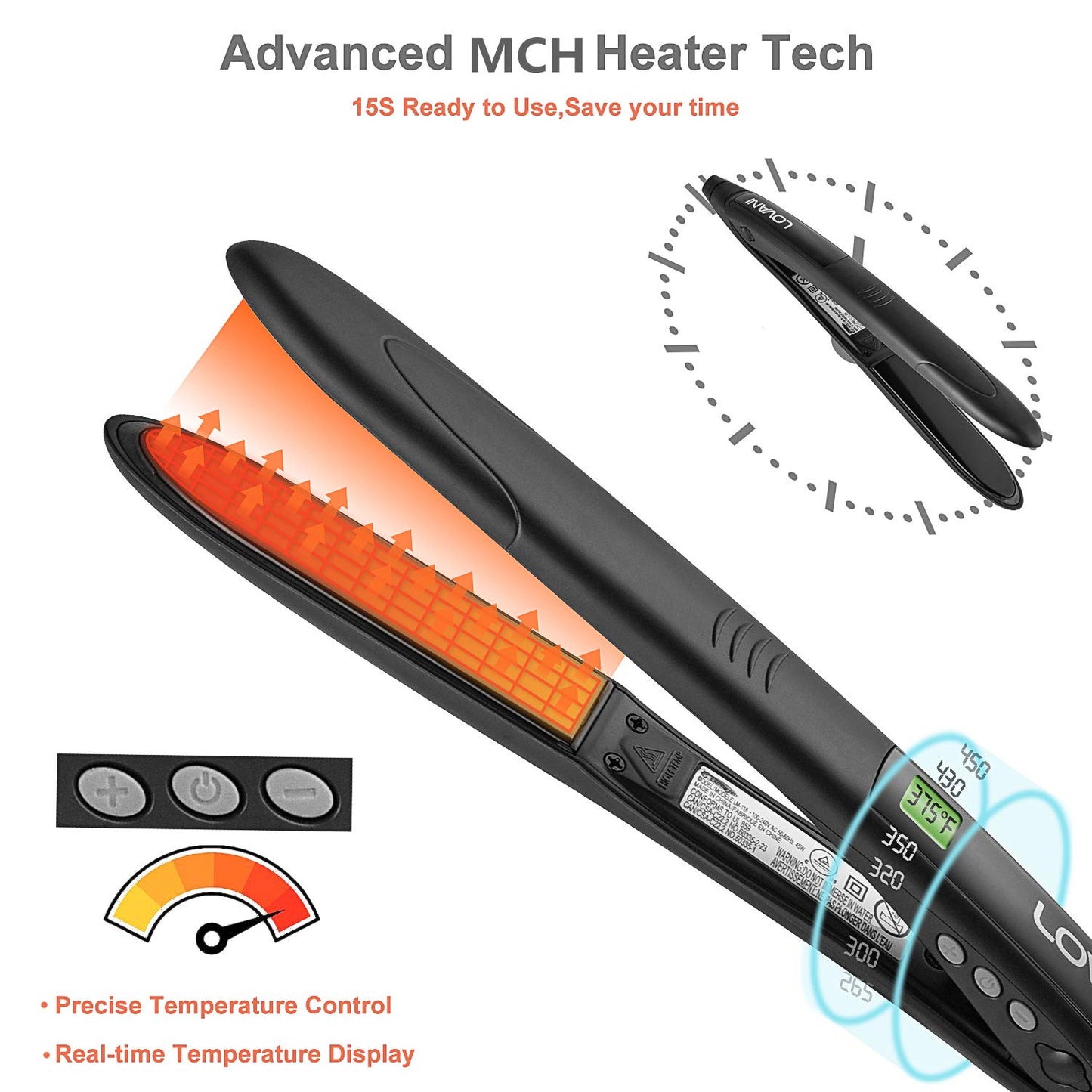 LOVANI Titanium Flat Iron, 450F High Heat Hair Straightener with Digital LCD, Dual Voltage, Auto Shut Off, Heat Resistant Bag, Glove and 2 Hair Clips