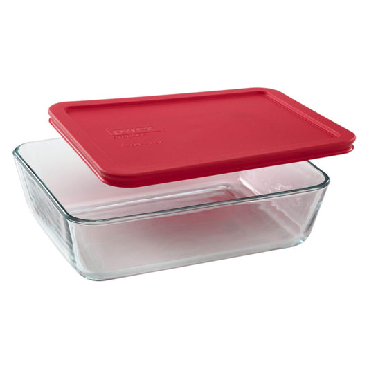 PYREX Containers Simply Store 6-cup Rectangular Glass Food Storage Red Plastic Covers ... (Pack of 4 Containers) Made in the USA