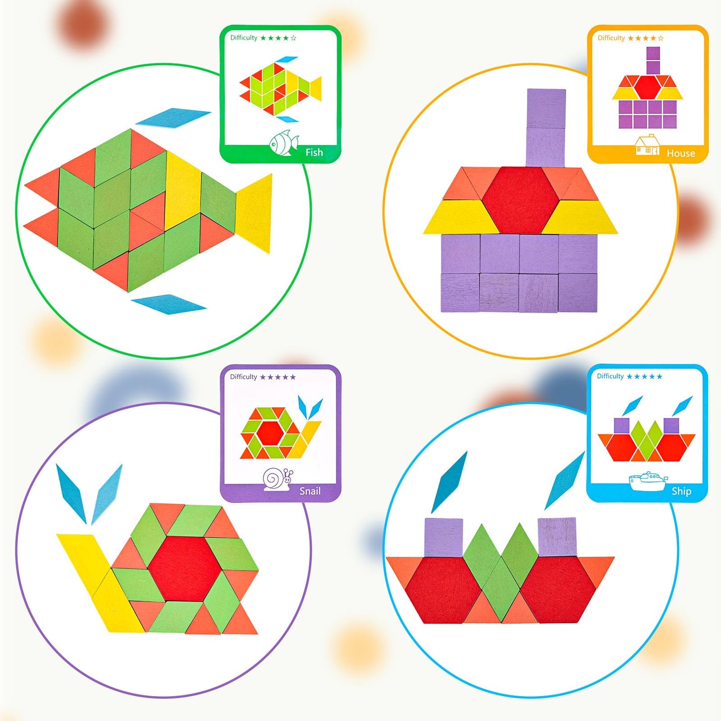 LovesTown 209 PCS Wooden Pattern Blocks | Geometric Shapes with Activity Cards & Storage Bag | Educational Tangram Puzzle Gift for Kids