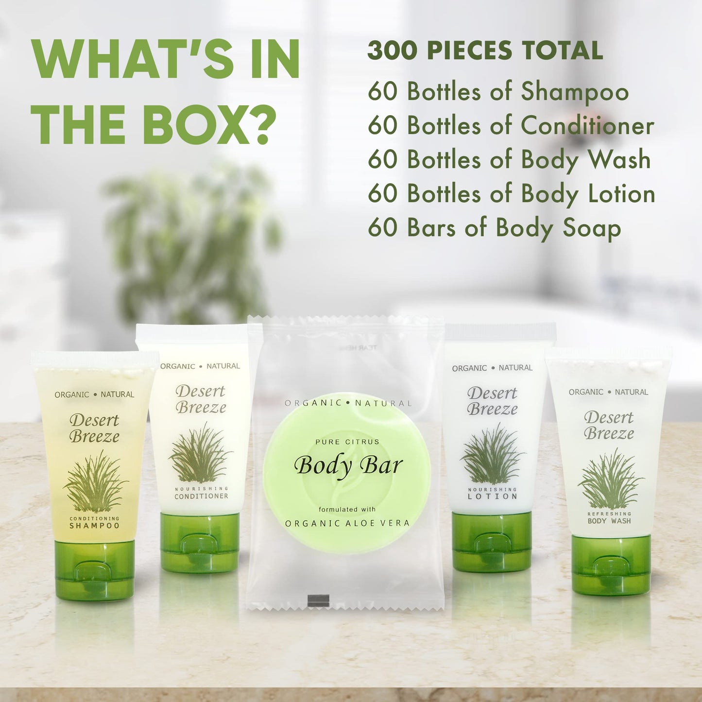 Travel Size Hotel Toiletry Set 300 Count 1 oz Bottles Guest Amenities for Vacation Rentals and Short Term Rentals Paraben Free Green Tea Lemongrass