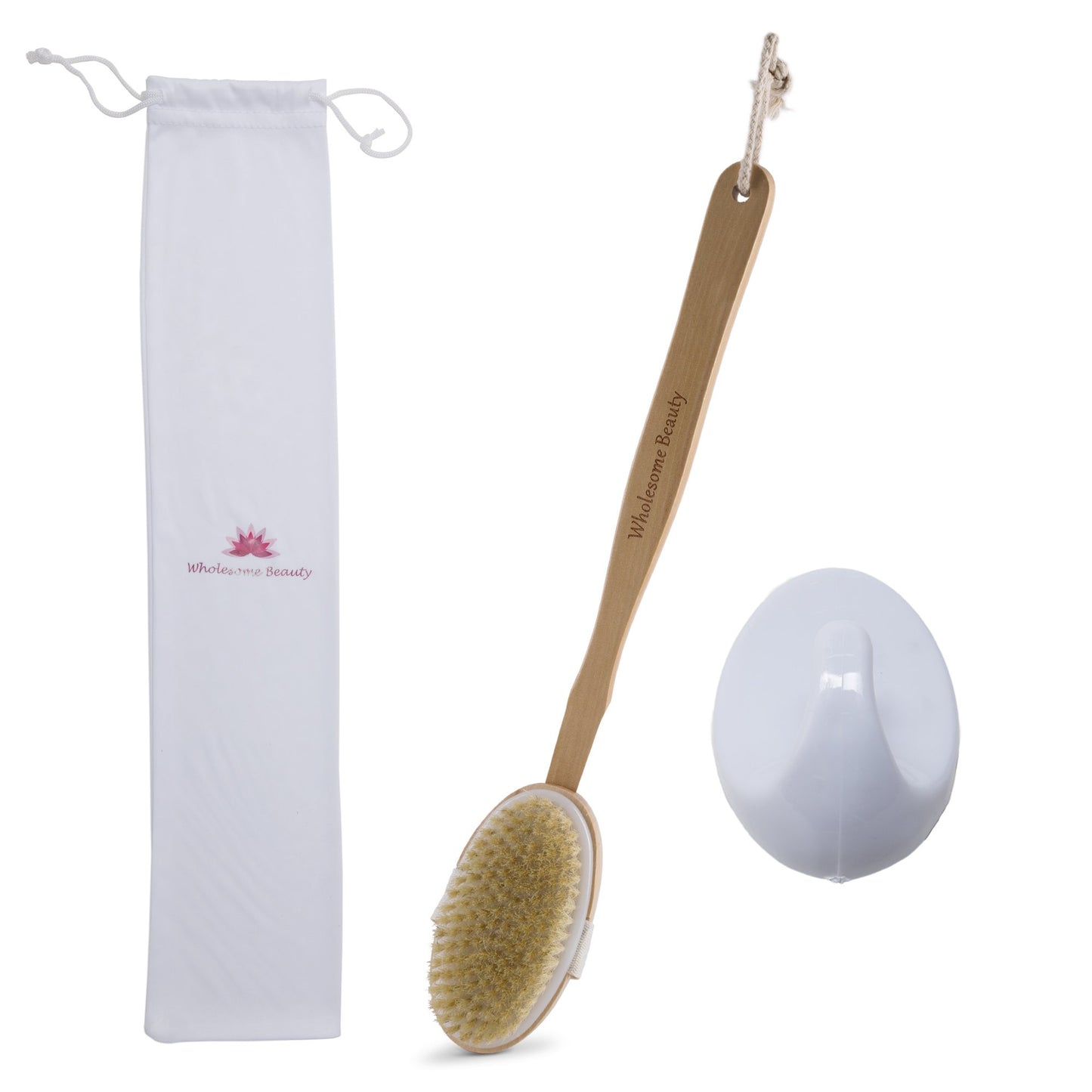 Dry Skin Body Brush 16"- Natural Bristle - For Dry Brushing - Detachable Handle -Removes Dead Skin & Toxins, Helps Cellulite, Lymphatic Functions