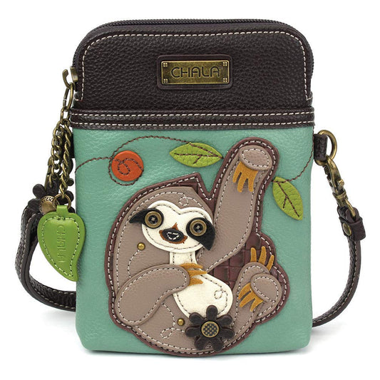 CHALA Wilderness Animal Collection Cell Phone Crossbody Purse-Women PU Leather/Canvas Multicolor Handbag with Adjustable Strap - Sloth - teal