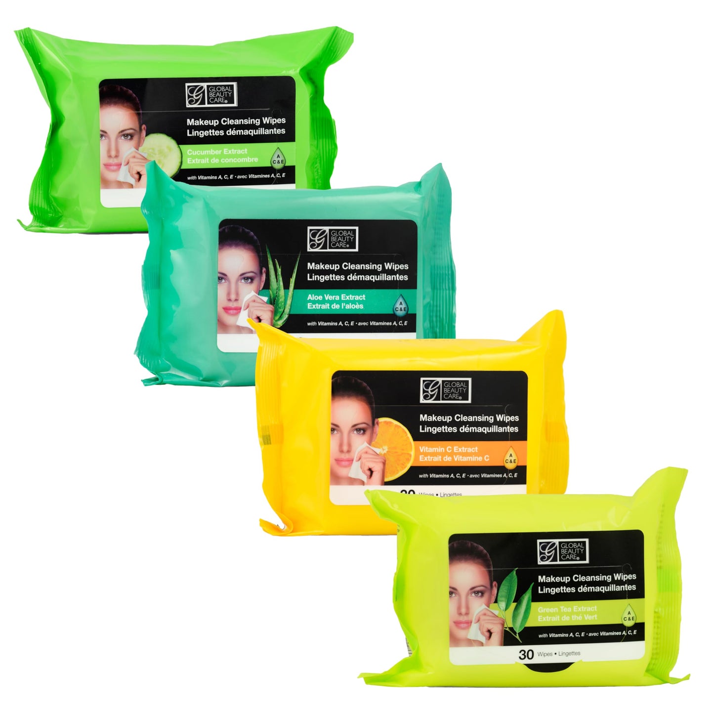 Global Beauty Care Assorted Makeup Remover Wipes Variety Pack - Green Tea, Aloe Vera, Vitamin C & Cucumber Extract Facial Cloths, Removes Waterproof