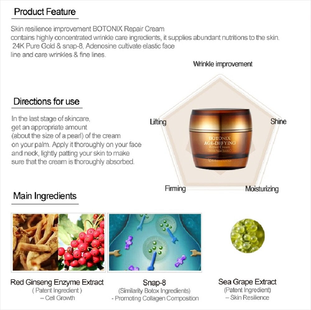 BOTONIX Natural Age Defying Cream 24K Gold and 8 Peptides Face Lifting and Firming Bundled with 1 Pack Oil Absorbing Blotting Paper