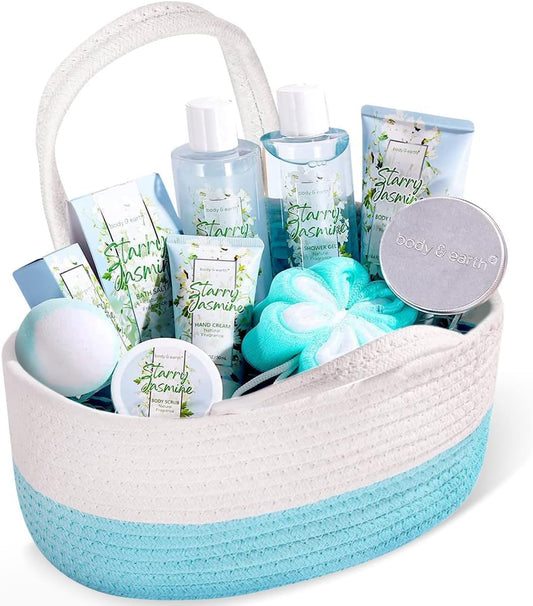 Body & Earth Gift Baskets for Women 11PCS Jasmine Spa Gift Sets for Her, Self Care Kit with Bubble Bath, Shower Gel, Lotion Set, Mothers Day Gifts