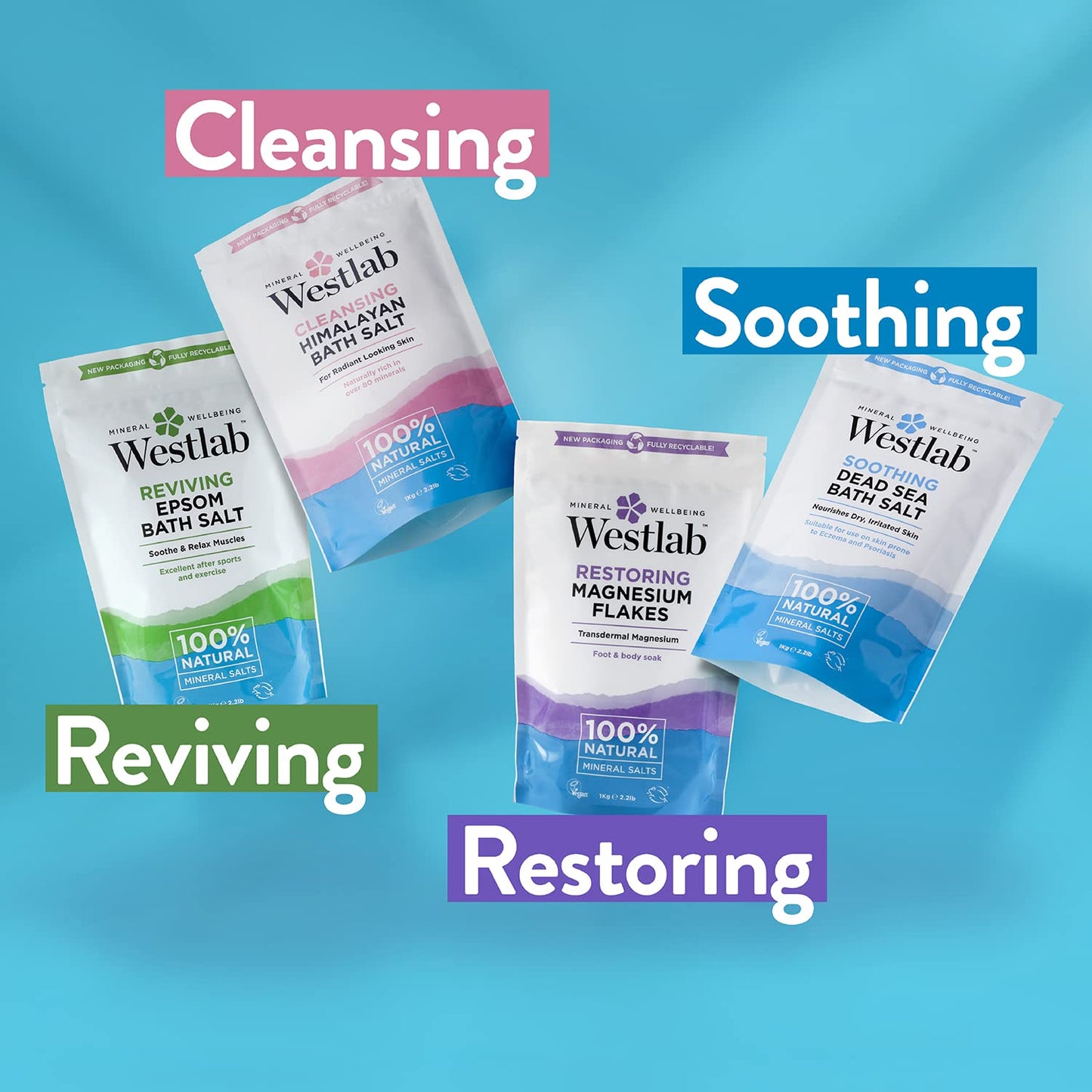 Westlab - 1kg - Recover Epsom Salts Infused with White Willow & Eucalyptus - Soothe Sore Muscles and Boost Recovery - Resealable Pouch Beauty and Personal Care Westlab