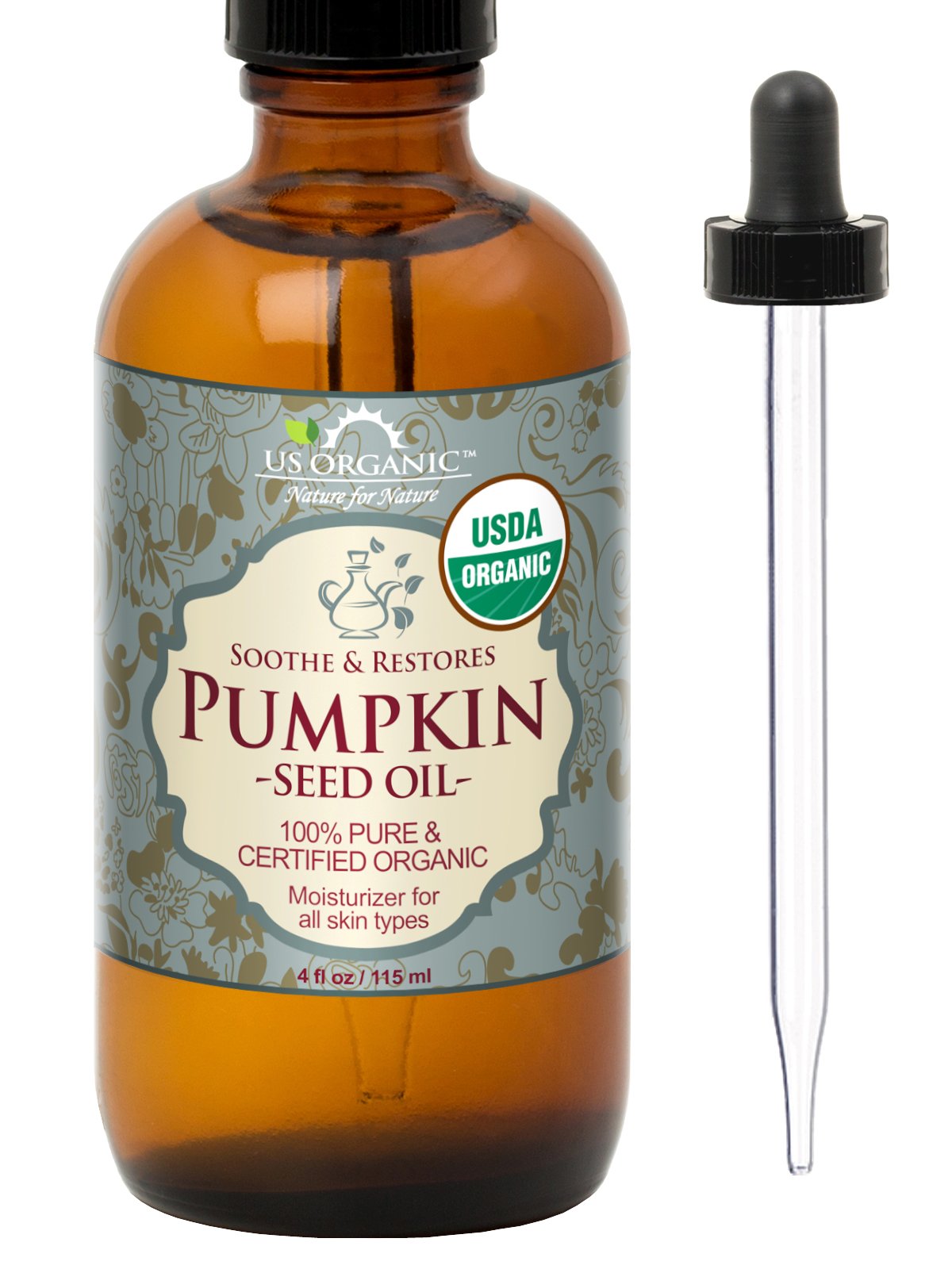 US Organic Pumpkin Seed Oil, USDA Certified Organic,100% Pure & Natural, Cold Pressed Virgin, Unrefined in Amber Glass Bottle w/Glass Eyedropper