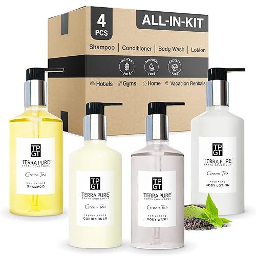 1-Shoppe Terra Pure Ecobox Amenities Kit | Green Tea Soap | Shampoo, Conditioner, Body Lotion, Body Wash | 10.14 oz | Hotel Toiletries Bulk