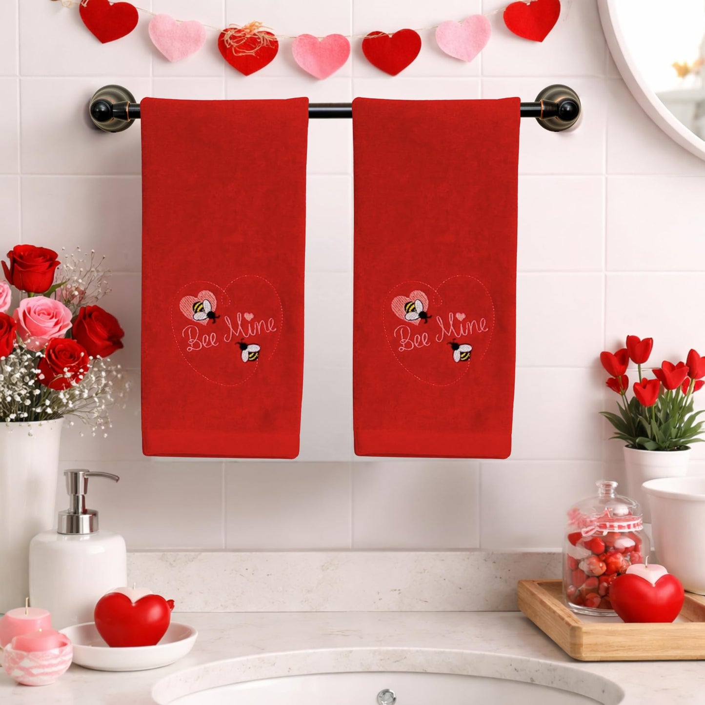 Serafina Home Soft Absorbent Funny Cotton Valentine Hand Towels: Embroidered Be Mine Bees Hearts on Red 2 Piece Set