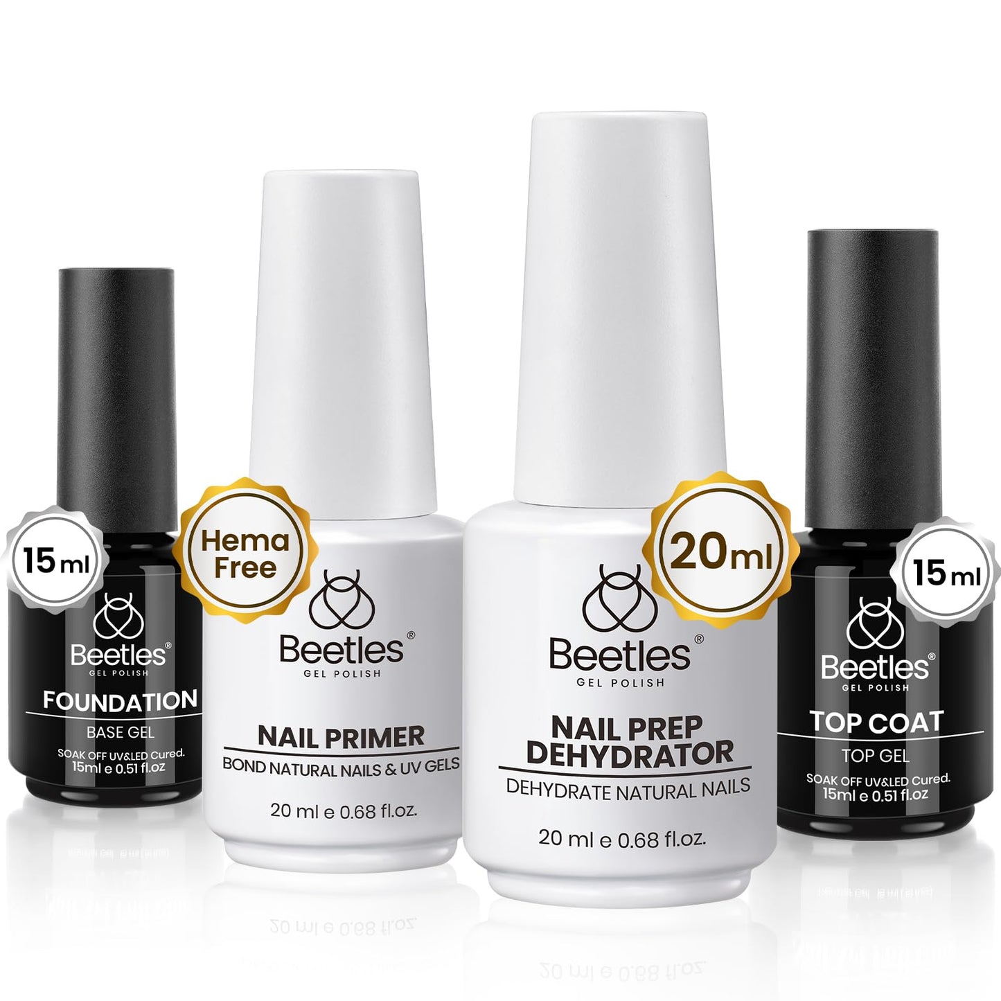 Beetles 4 Pcs 15ml Base Gel and Top Coat Kit with 20ml Nail Dehydrator and Primer, Professional Prep Acid & Hema-Free Dehydrate Bond Set for Acrylic Beauty and Personal Care beetles Gel Polish Default Title