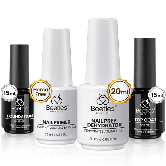 Beetles 4 Pcs 15ml Base Gel and Top Coat Kit with 20ml Nail Dehydrator and Primer, Professional Prep Acid & Hema-Free Dehydrate Bond Set for Acrylic Beauty and Personal Care beetles Gel Polish Default Title