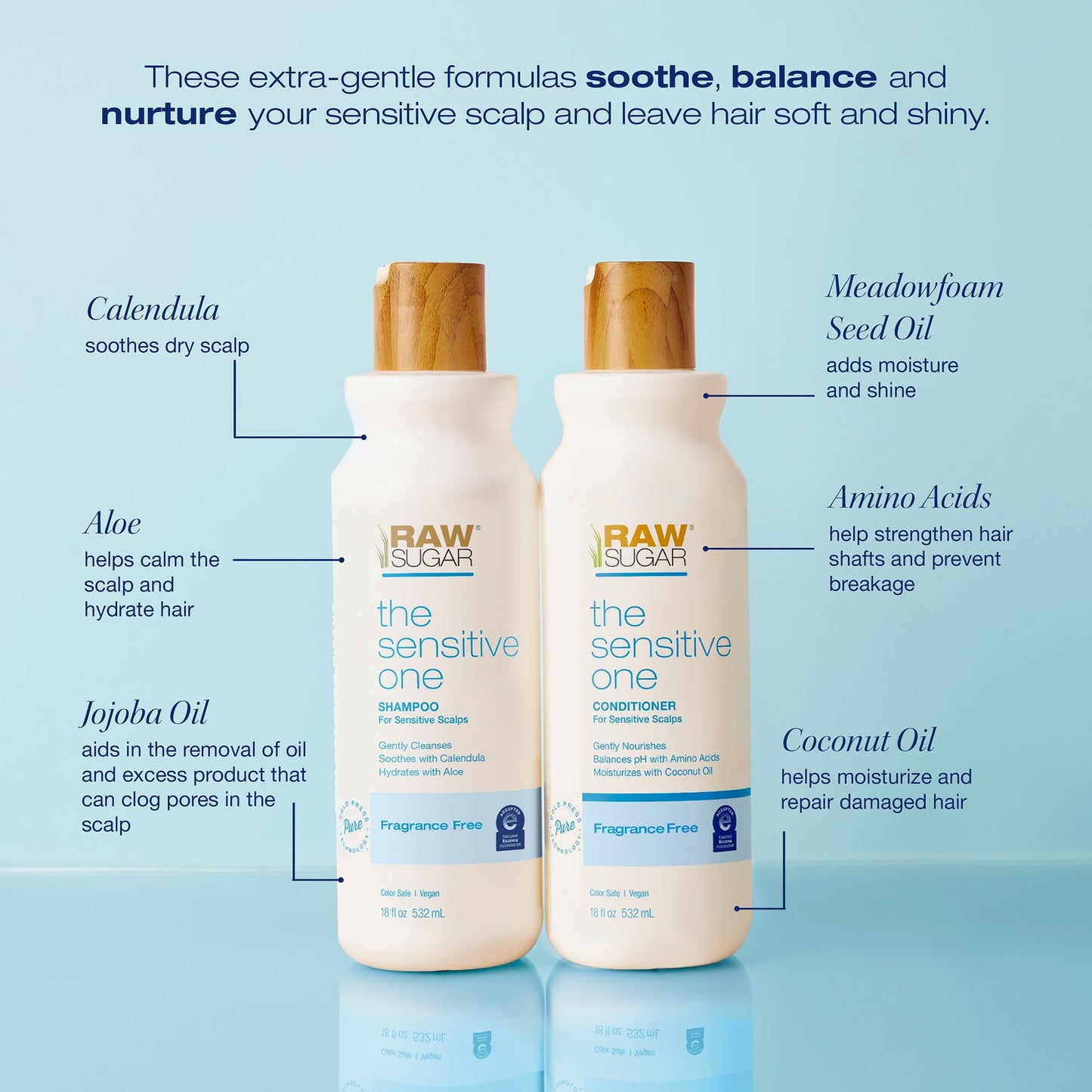 Raw Sugar Shampoo and Conditioner Set, The Sensitive One Hair Care Duo, 16 Fl Oz Each, Gently Cleanses, Soothes & Hydrates with Calendula & Aloe, No