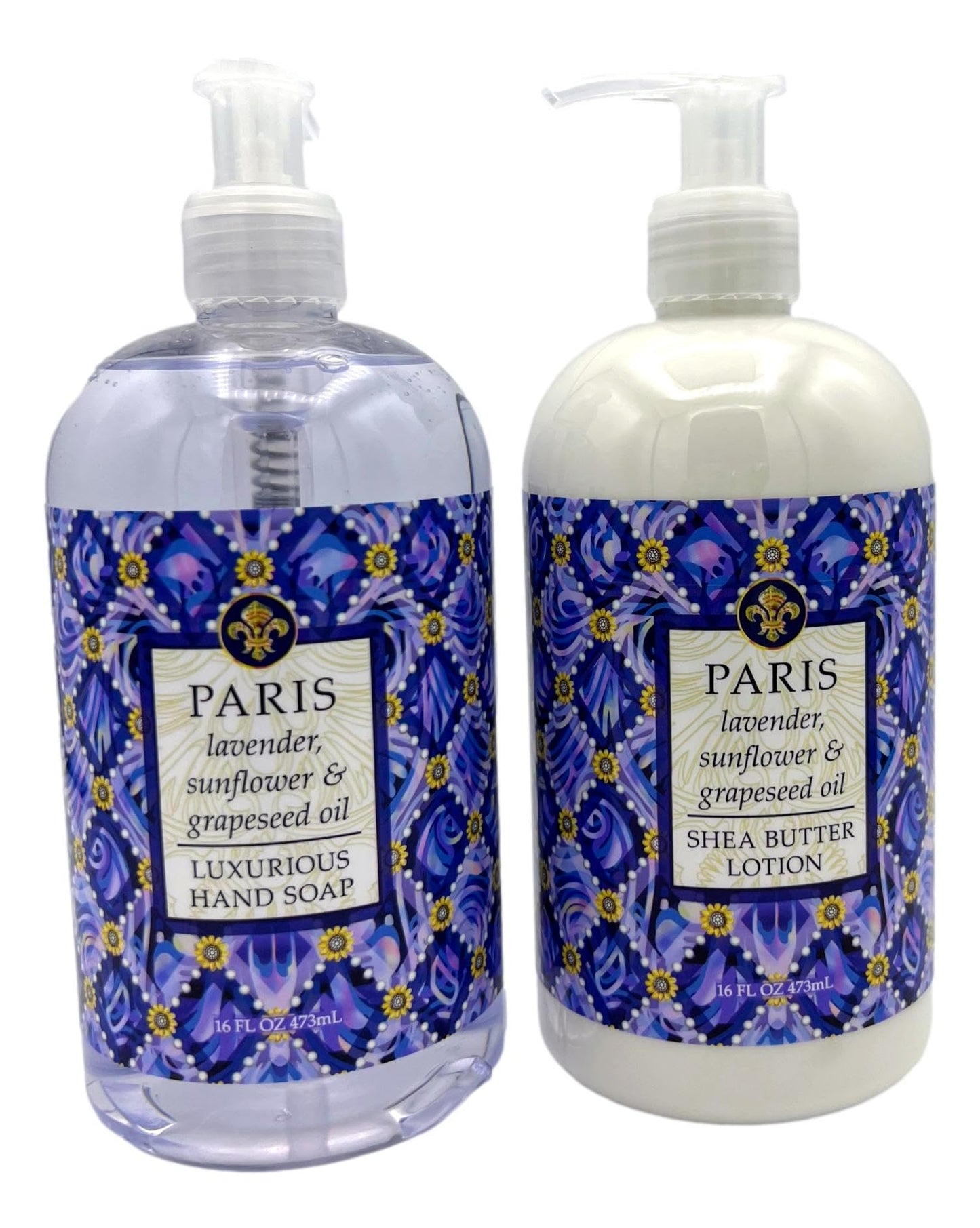 Greenwich Bay Trading Co., Destination Collection - Paris, Hand Soap and Shea Butter Lotion Set, 16 Ounces Each, Purple, white