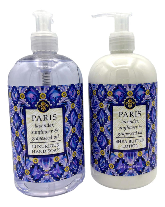 Greenwich Bay Trading Co., Destination Collection - Paris, Hand Soap and Shea Butter Lotion Set, 16 Ounces Each, Purple, white