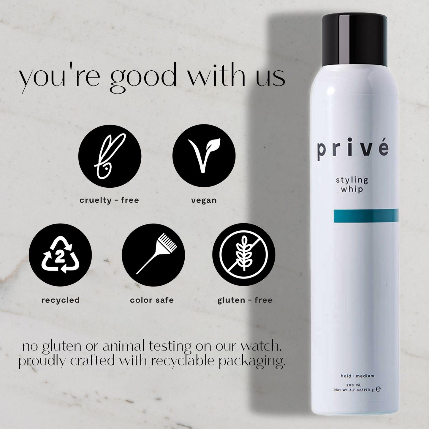 Privé Styling Whip Hair Mousse - Lightweight Foam for Volume, Body and Lift - Flexible Medium Hold with Frizz Control - Soft Touchable Finish