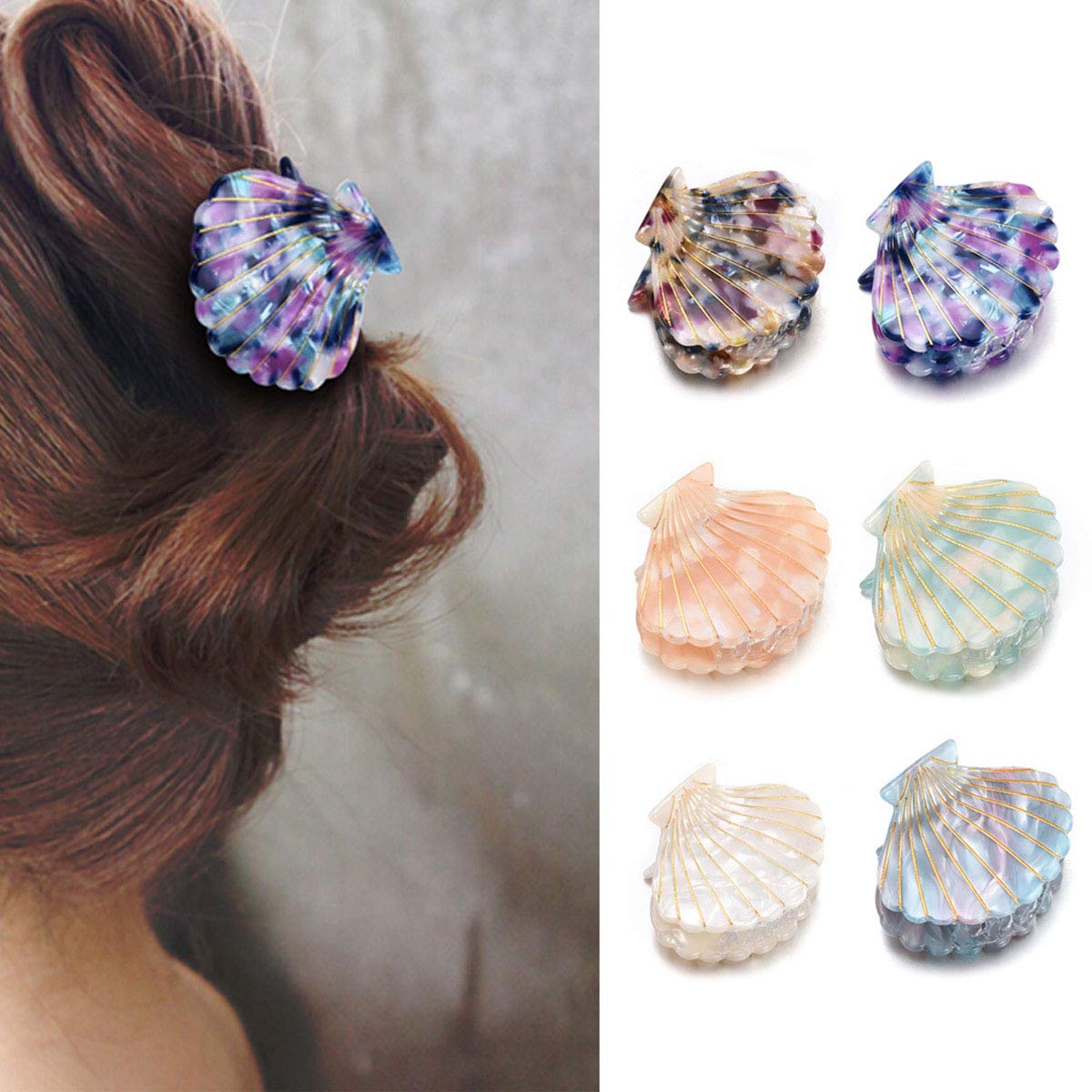 Women Fashion Shell Shape Claw Clips Acrylic Resin Jaw Clip Hair Clamps Marble Pattern Hairpins Hair Accessories (White)